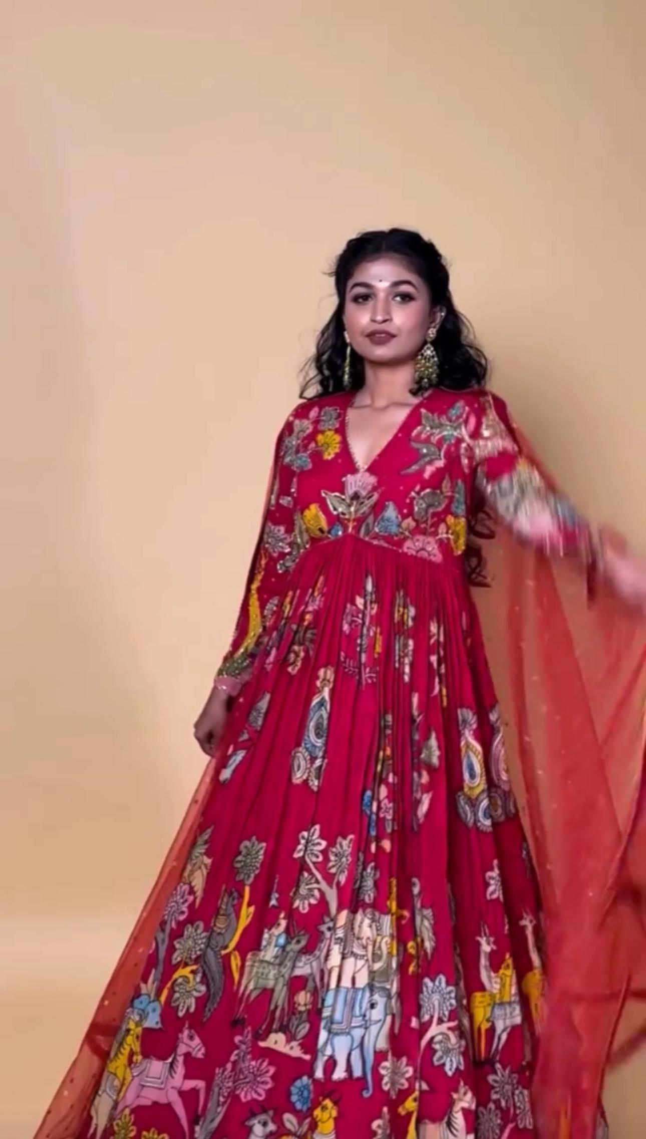 Stunning Red Color Cotton With Digital Printed Beautiful Gown