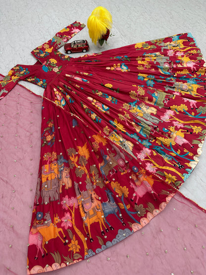 Stunning Red Color Cotton With Digital Printed Beautiful Gown