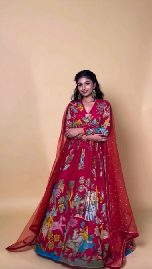 Stunning Red Color Cotton With Digital Printed Beautiful Gown