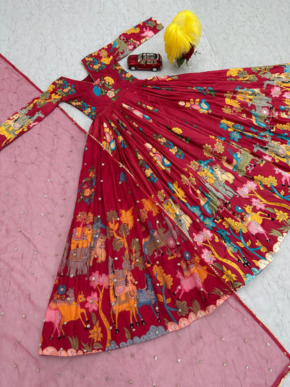 Stunning Red Color Cotton With Digital Printed Beautiful Gown