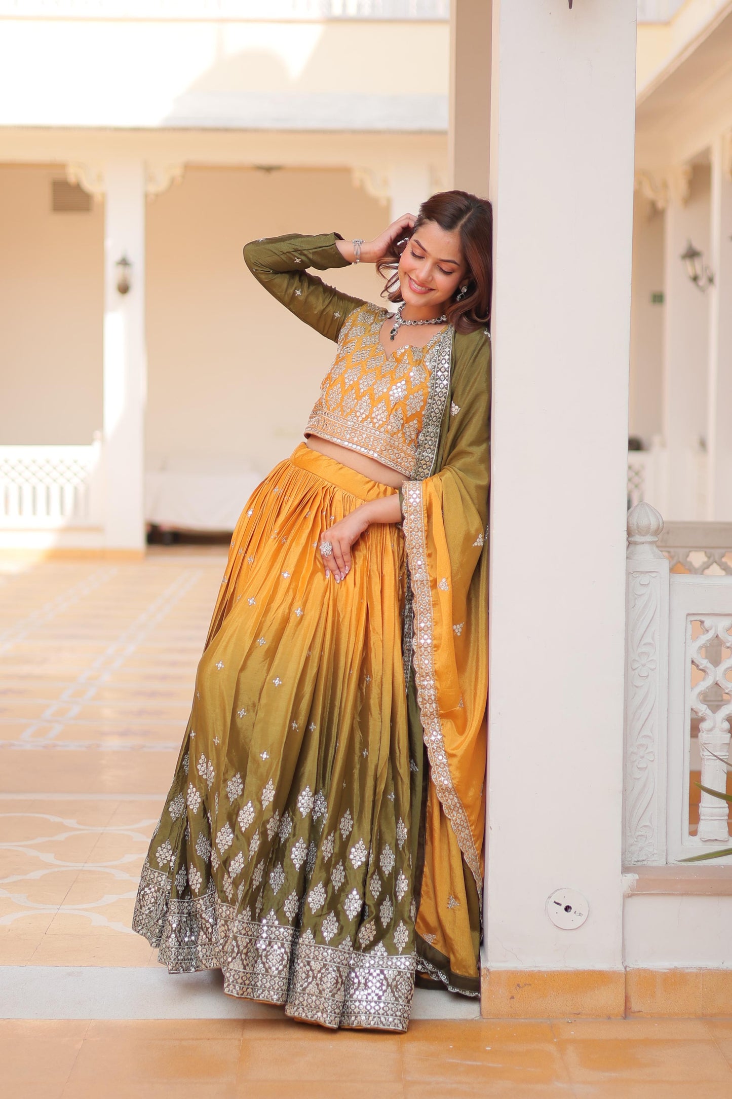 Party Wear Yellow And Green Color Pure Padding Chinon With Embroidery 7mm Sequence Work Designer Lehenga Choli