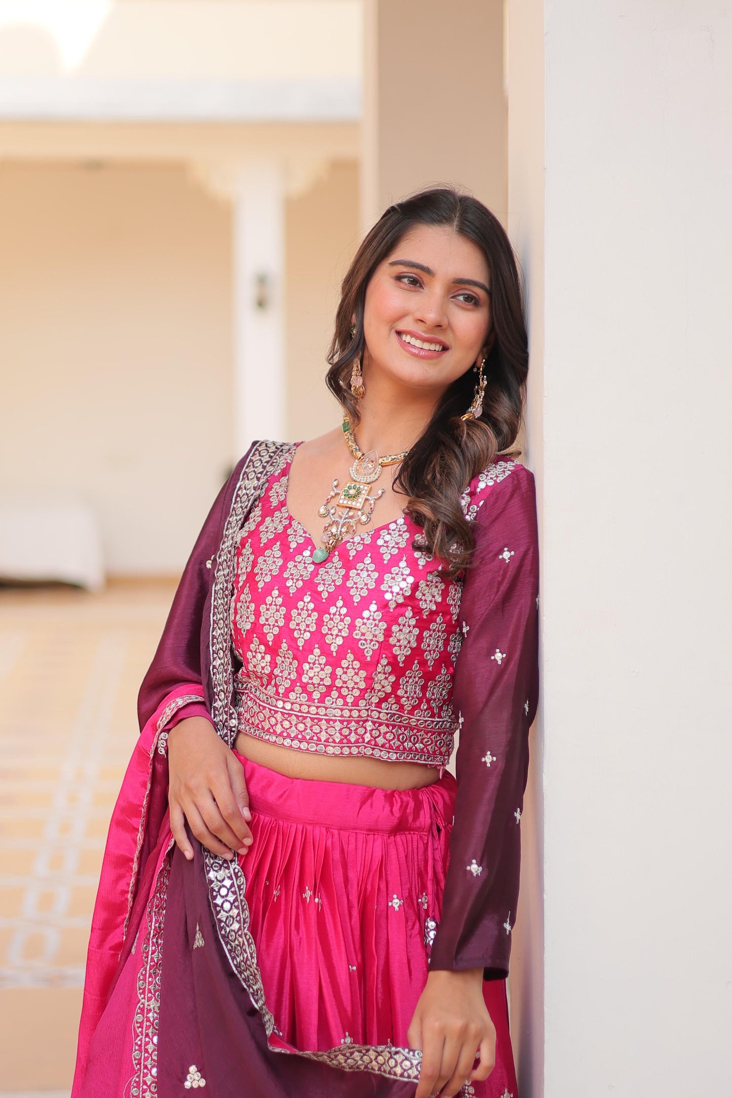 Party Wear Pink And Wine Color Pure Padding Chinon With Embroidery 7mm Sequence Work Designer Lehenga Choli