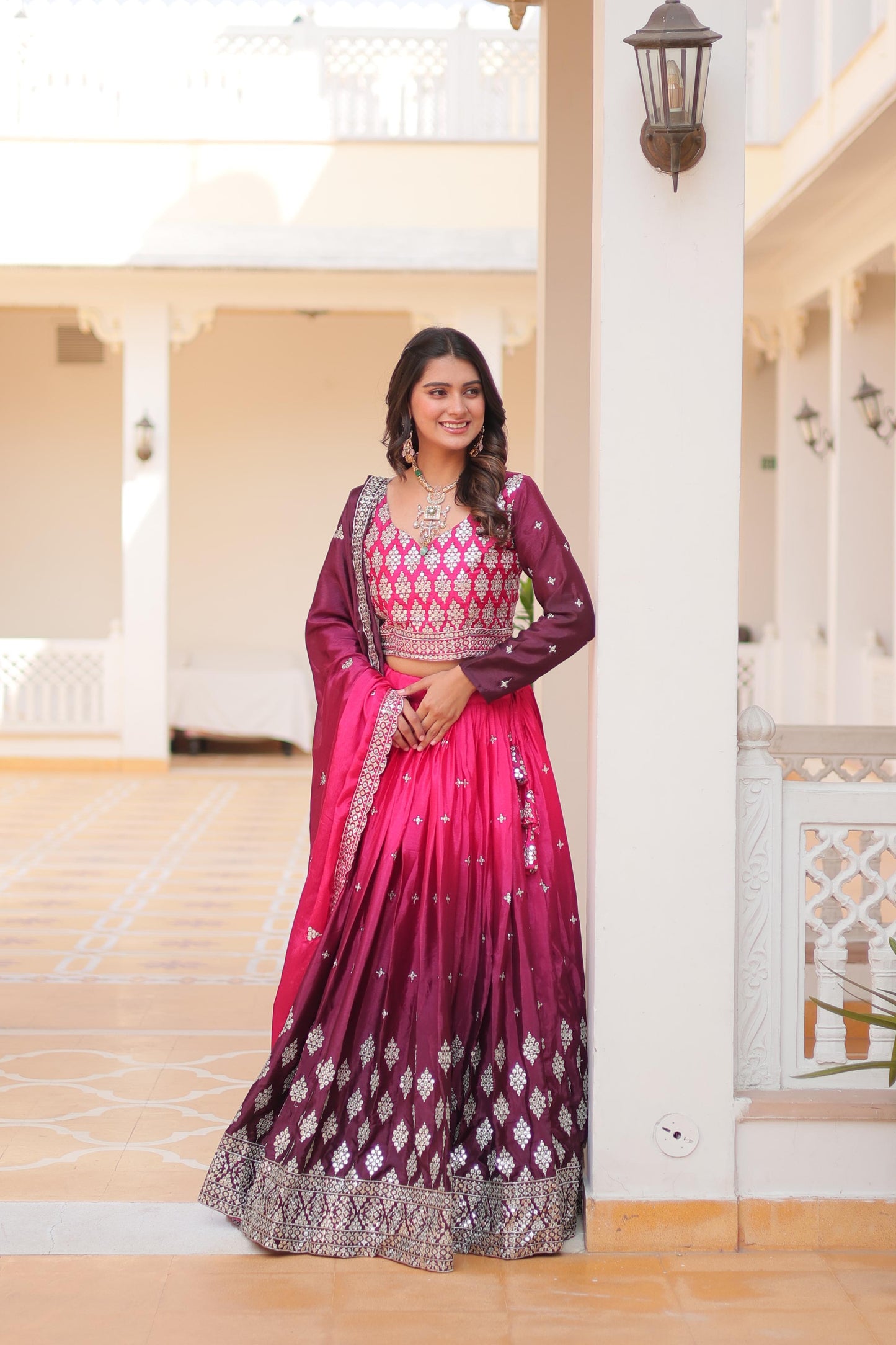 Party Wear Pink And Wine Color Pure Padding Chinon With Embroidery 7mm Sequence Work Designer Lehenga Choli