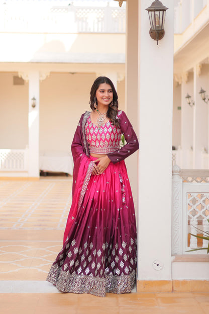 Party Wear Pink And Wine Color Pure Padding Chinon With Embroidery 7mm Sequence Work Designer Lehenga Choli