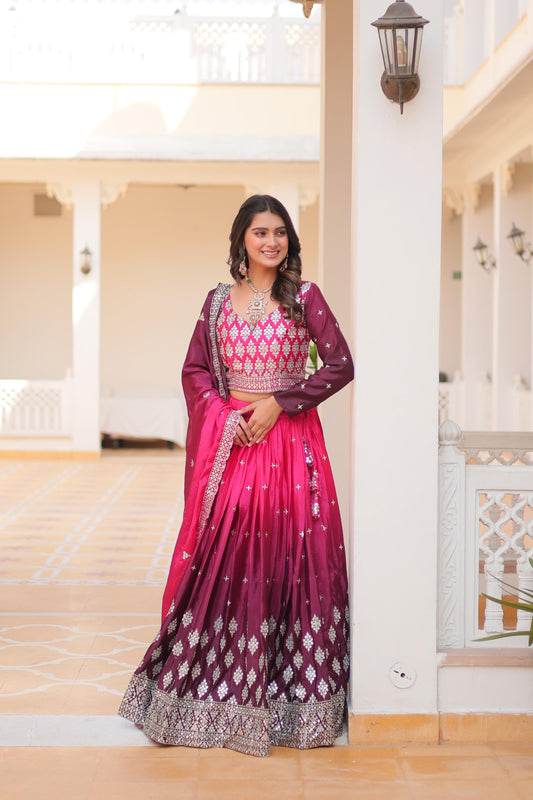 Party Wear Pink And Wine Color Pure Padding Chinon With Embroidery 7mm Sequence Work Designer Lehenga Choli