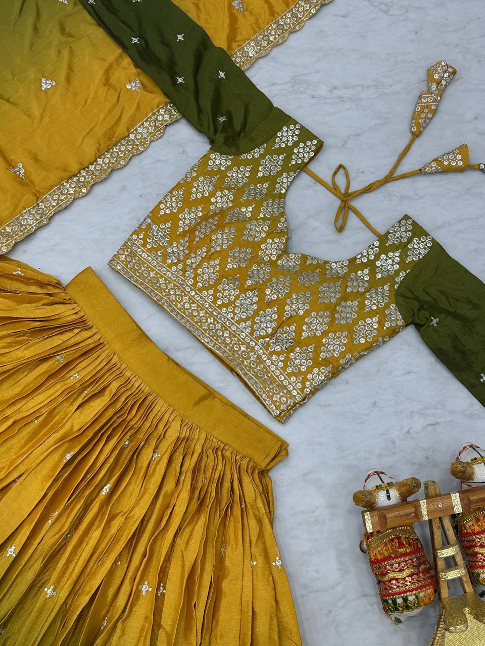 Party Wear Yellow And Green Color Pure Padding Chinon With Embroidery 7mm Sequence Work Designer Lehenga Choli