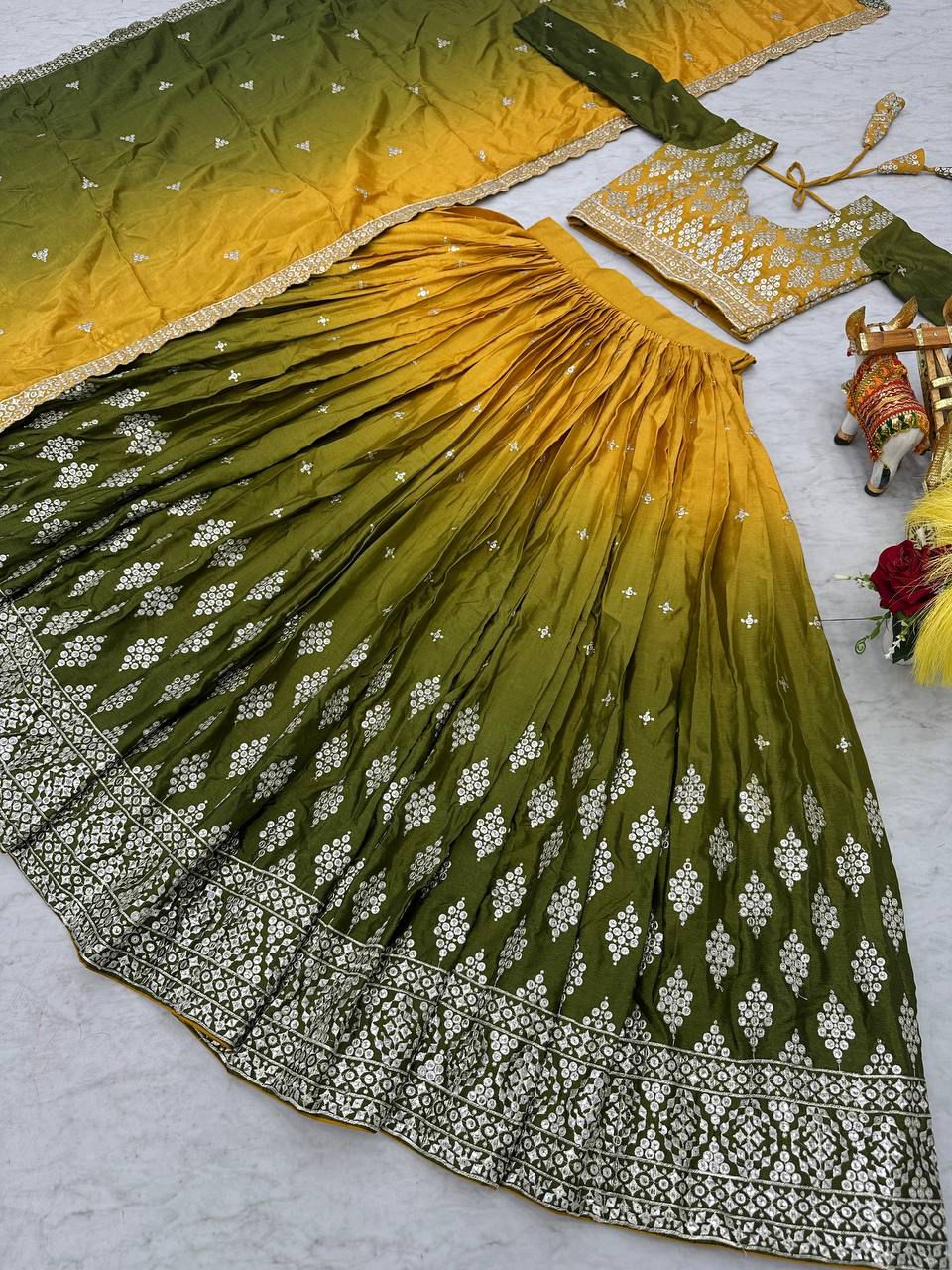 Party Wear Yellow And Green Color Pure Padding Chinon With Embroidery 7mm Sequence Work Designer Lehenga Choli