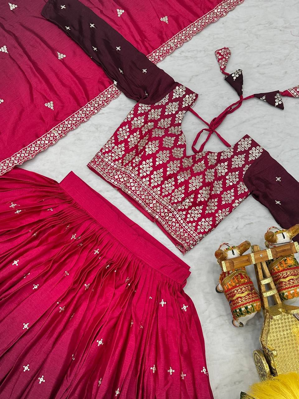 Party Wear Pink And Wine Color Pure Padding Chinon With Embroidery 7mm Sequence Work Designer Lehenga Choli