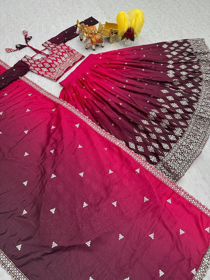 Party Wear Pink And Wine Color Pure Padding Chinon With Embroidery 7mm Sequence Work Designer Lehenga Choli