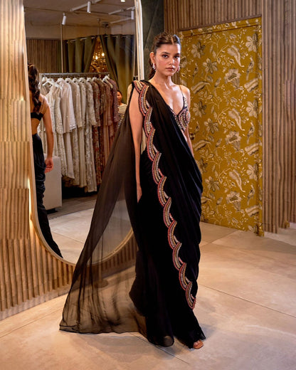 Ceremony Wear Black Color Faux Georgette And Thread With Sequence Work Designer Saree