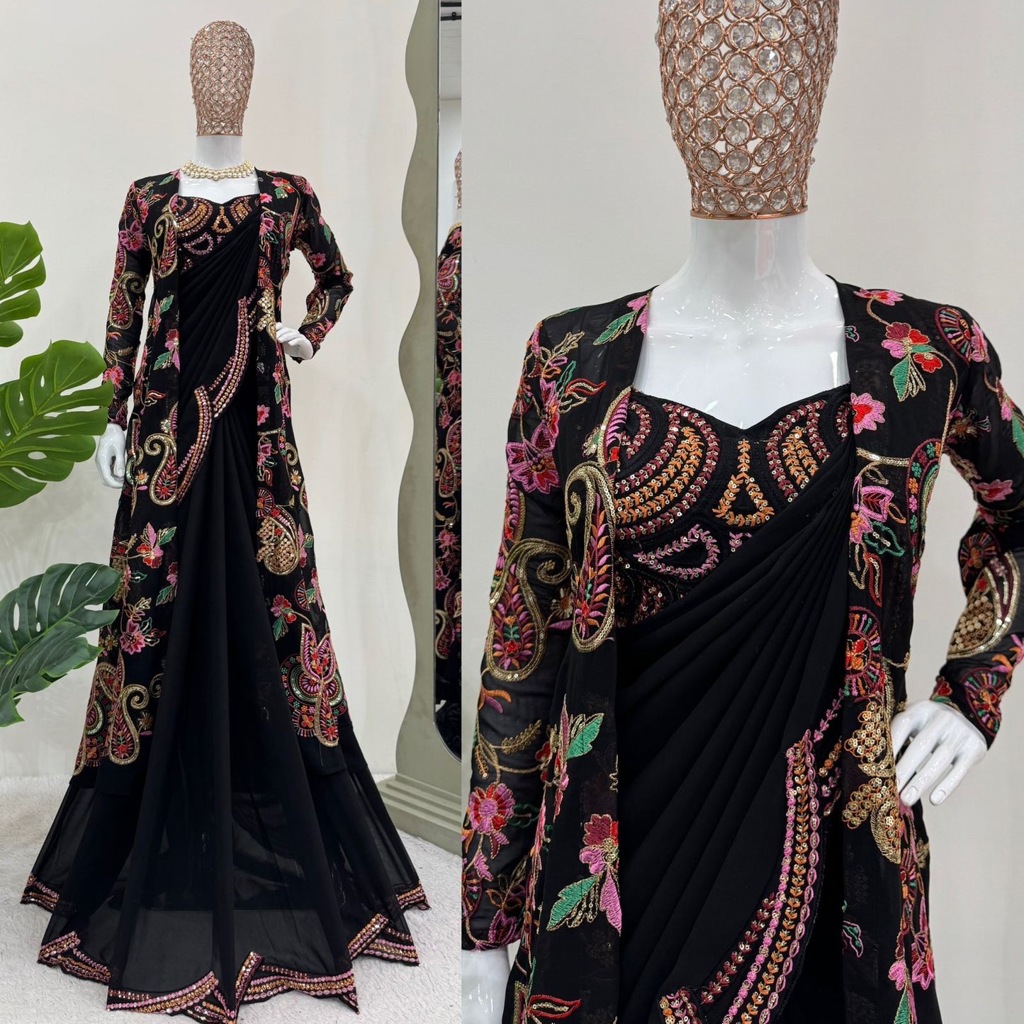 Ceremony Wear Black Color Faux Georgette And Thread With Sequence Work Designer Saree