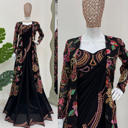 Ceremony Wear Black Color Faux Georgette And Thread With Sequence Work Designer Saree