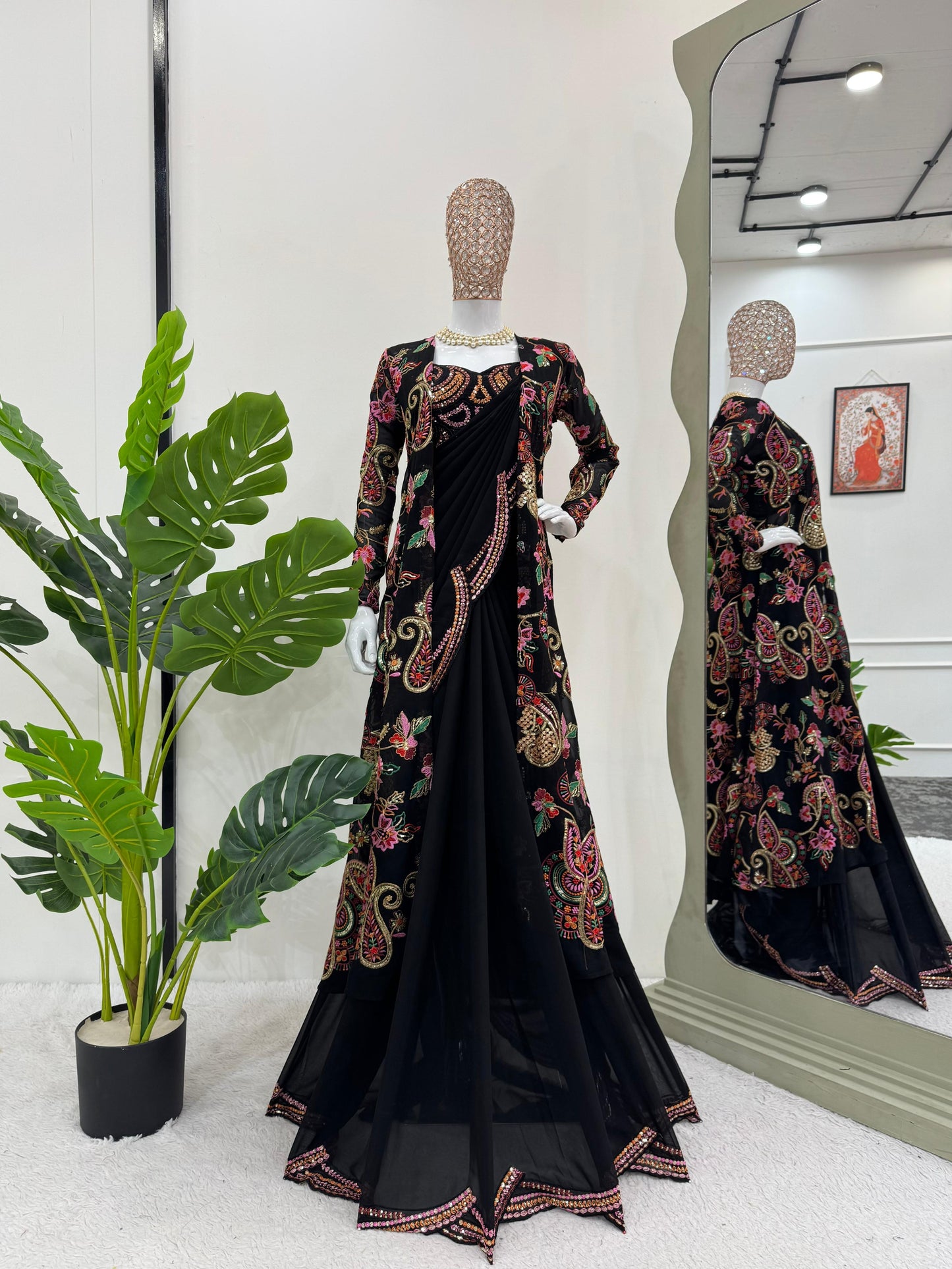 Ceremony Wear Black Color Faux Georgette And Thread With Sequence Work Designer Saree