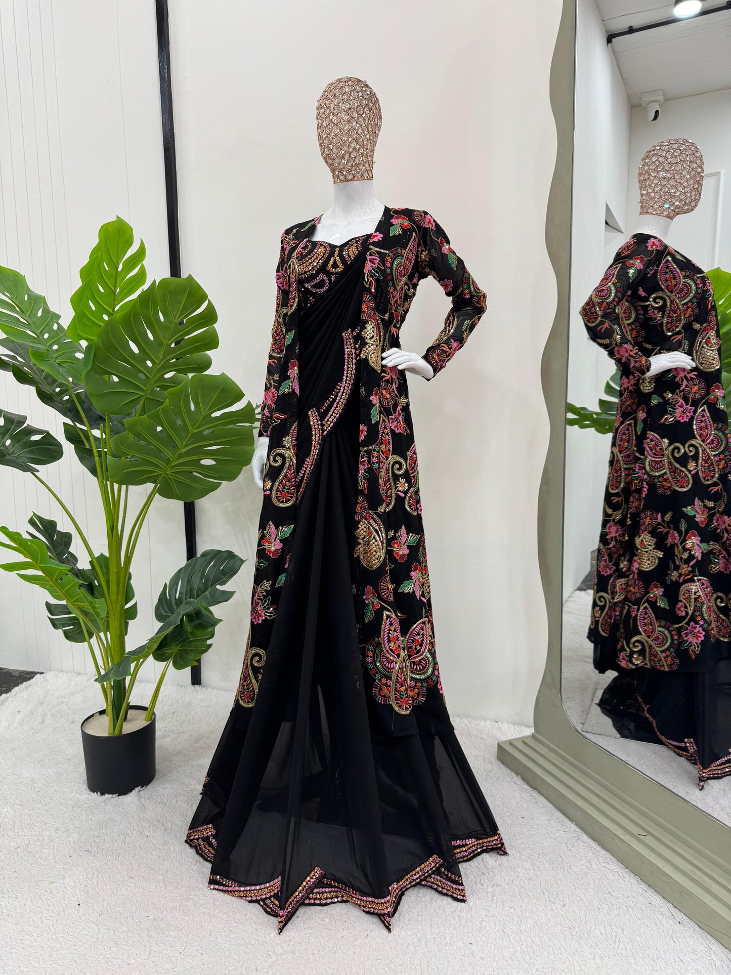 Ceremony Wear Black Color Faux Georgette And Thread With Sequence Work Designer Saree