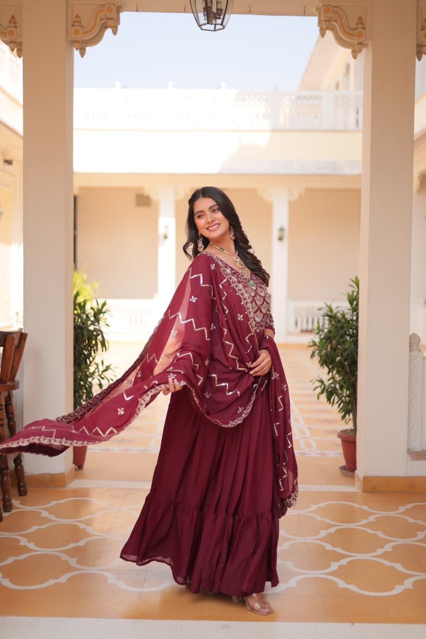 Admiring Maroon Color Pure Georgette With Heavy Sequence Embroidery Work Designer Gown