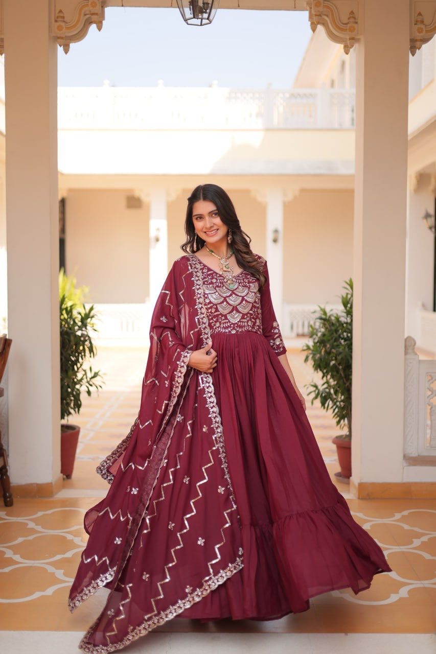 Admiring Maroon Color Pure Georgette With Heavy Sequence Embroidery Work Designer Gown