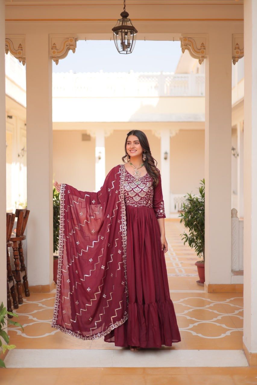 Admiring Maroon Color Pure Georgette With Heavy Sequence Embroidery Work Designer Gown