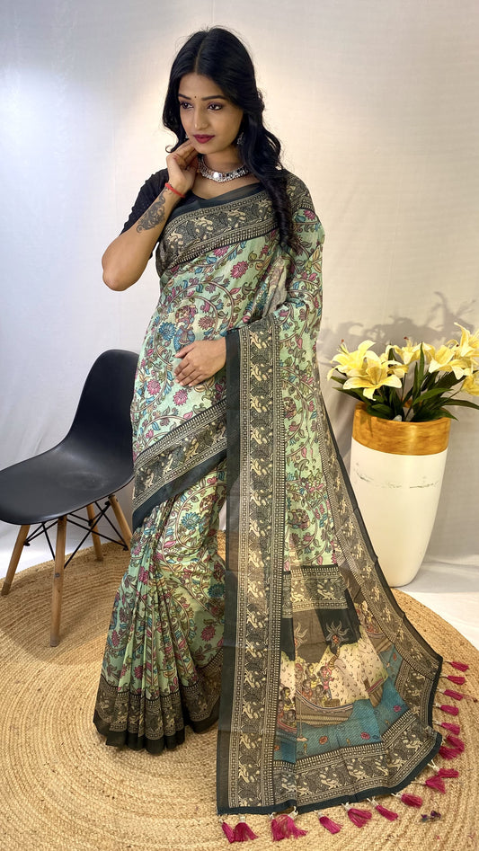 Attractive Cotton Chanderi Sky & Blue Border Saree