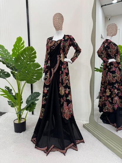 Amazing Georgette Black Colour Saree With Shrug
