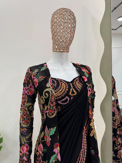 Amazing Georgette Black Colour Saree With Shrug