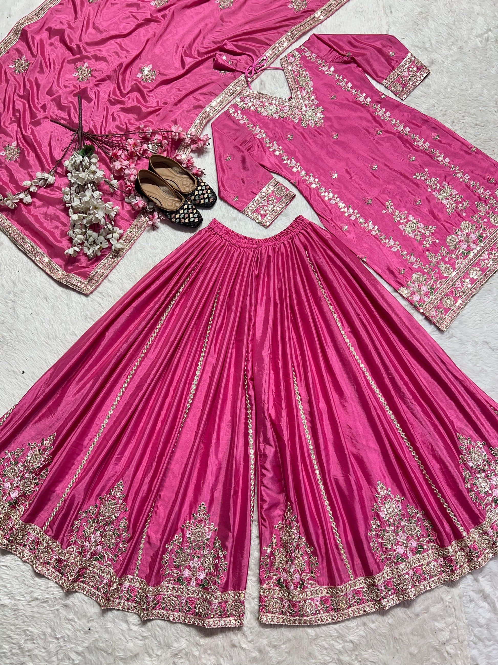 Trendy Chinnon Silk Sequence Work Pink Color Sharara Suit