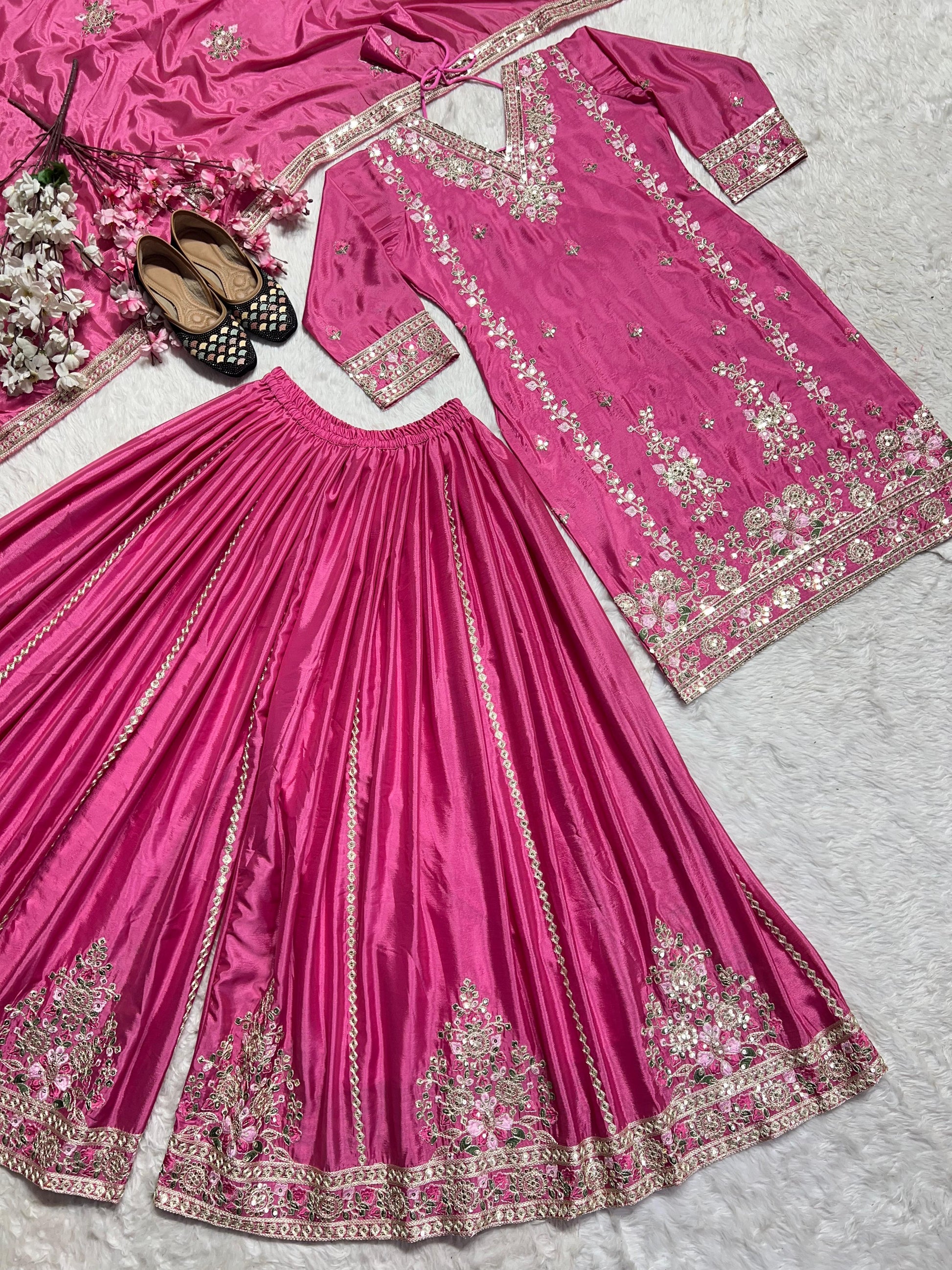 Trendy Chinnon Silk Sequence Work Pink Color Sharara Suit