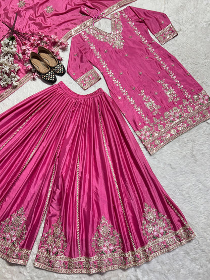 Trendy Chinnon Silk Sequence Work Pink Color Sharara Suit