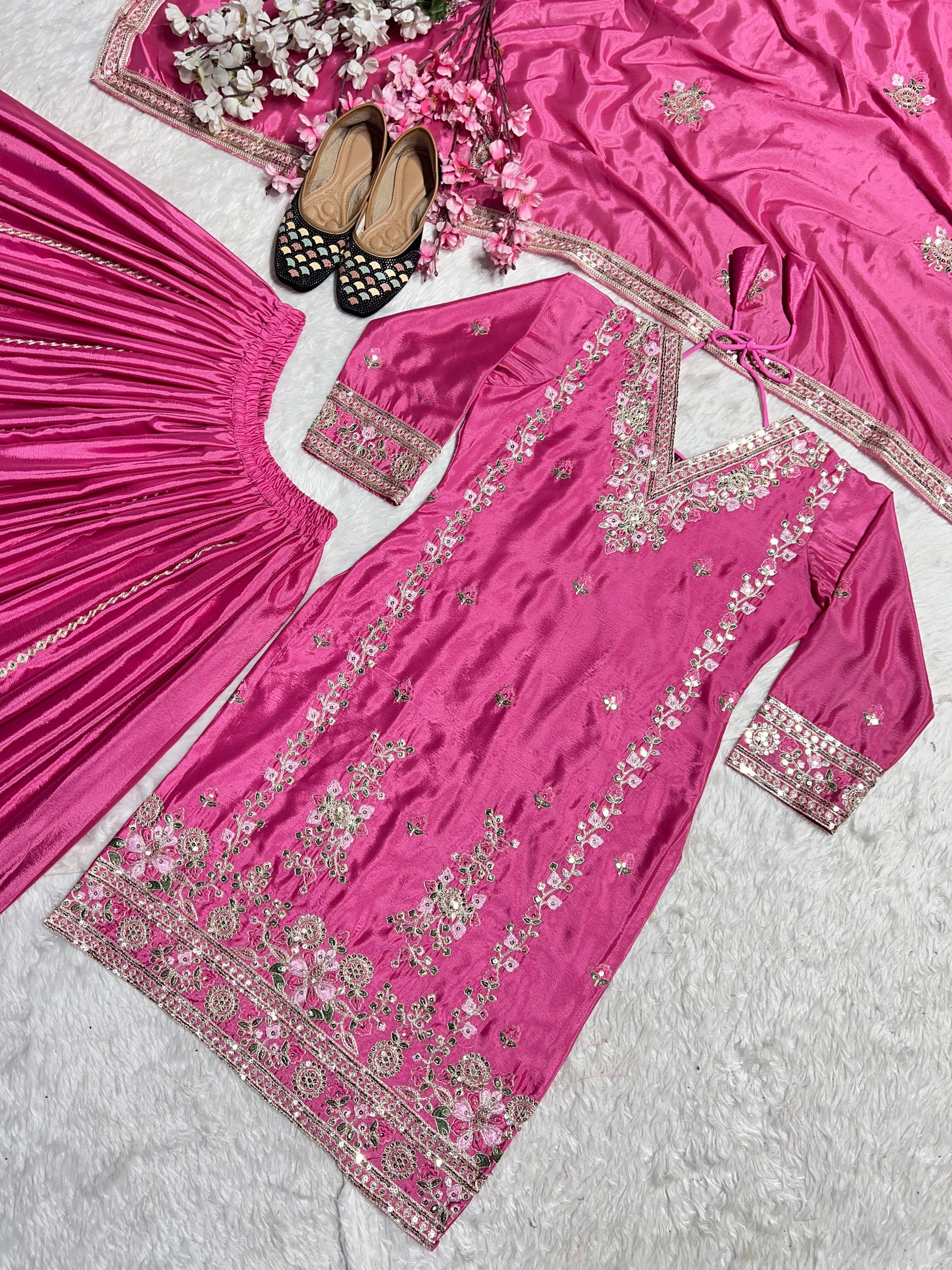 Trendy Chinnon Silk Sequence Work Pink Color Sharara Suit