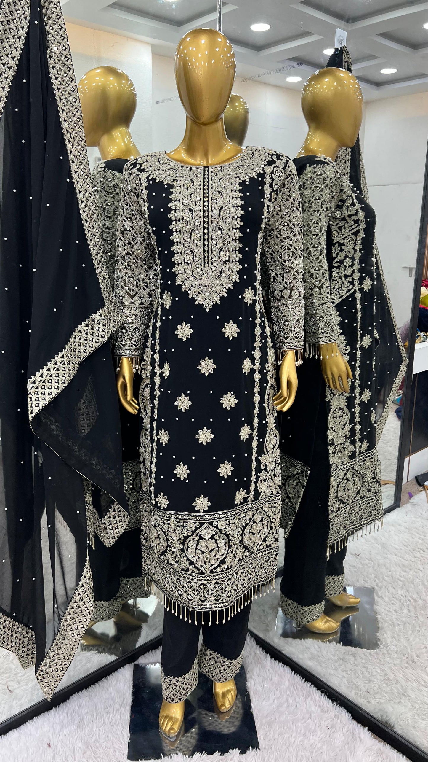 Fancy Black Color Georgette Revet Moti Salwar Suit