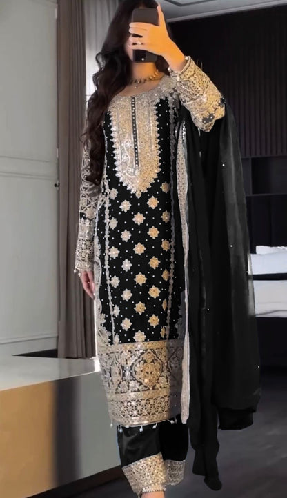 Reception Wear Black Color Faux Georgette With Heavy Embroidery Sequence Work Designer Salwar Suit