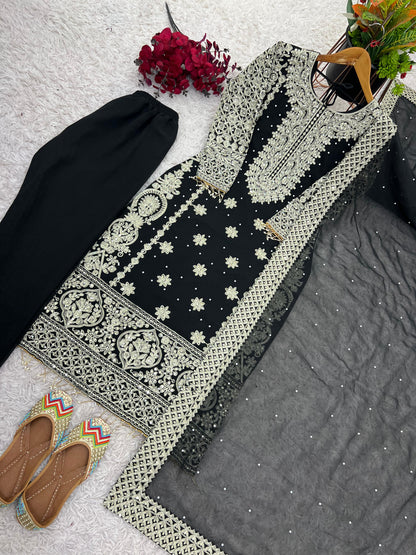 Reception Wear Black Color Faux Georgette With Heavy Embroidery Sequence Work Designer Salwar Suit