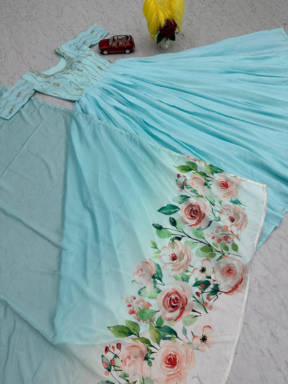 Party Wear Sky Blue Color Chinon With Heavy Embroidery Sequence Work Designer Gown