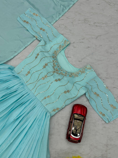 Party Wear Sky Blue Color Chinon With Heavy Embroidery Sequence Work Designer Gown