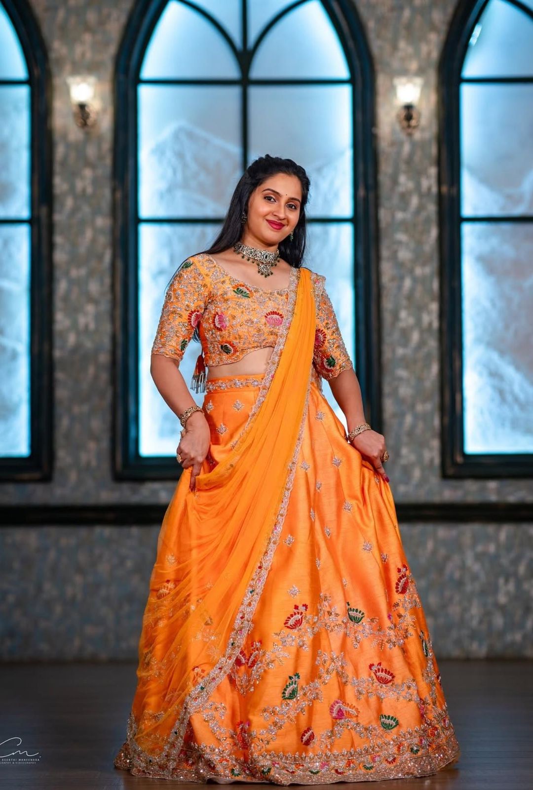 Party Wear Orange Color Chinon And Embroidery Thread With Sequence Work Designer Lehenga Choli