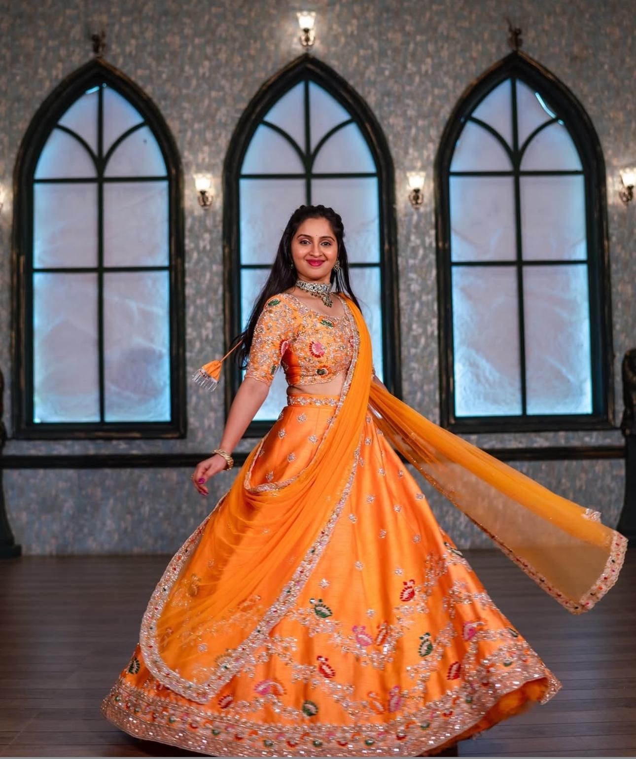 Party Wear Orange Color Chinon And Embroidery Thread With Sequence Work Designer Lehenga Choli