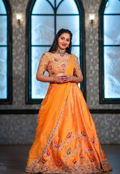 Party Wear Orange Color Chinon And Embroidery Thread With Sequence Work Designer Lehenga Choli