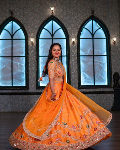 Party Wear Orange Color Chinon And Embroidery Thread With Sequence Work Designer Lehenga Choli