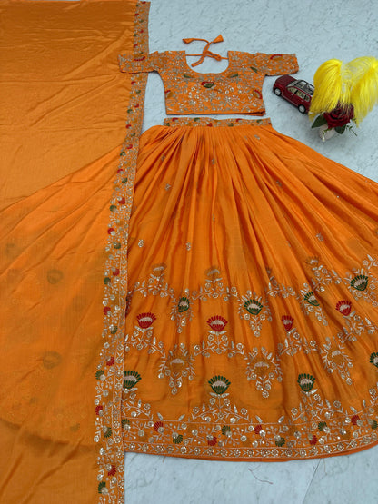 Party Wear Orange Color Chinon And Embroidery Thread With Sequence Work Designer Lehenga Choli