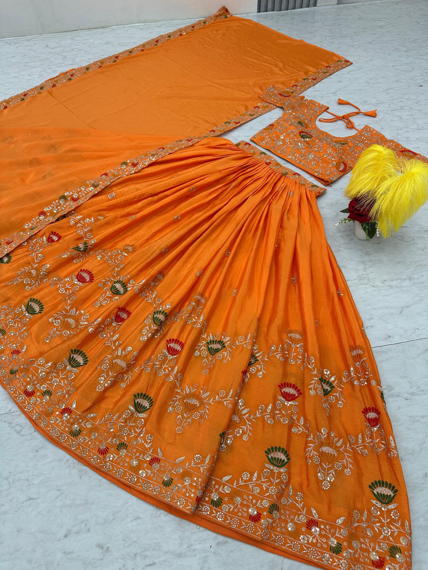 Party Wear Orange Color Chinon And Embroidery Thread With Sequence Work Designer Lehenga Choli