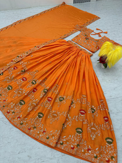 Party Wear Orange Color Chinon And Embroidery Thread With Sequence Work Designer Lehenga Choli