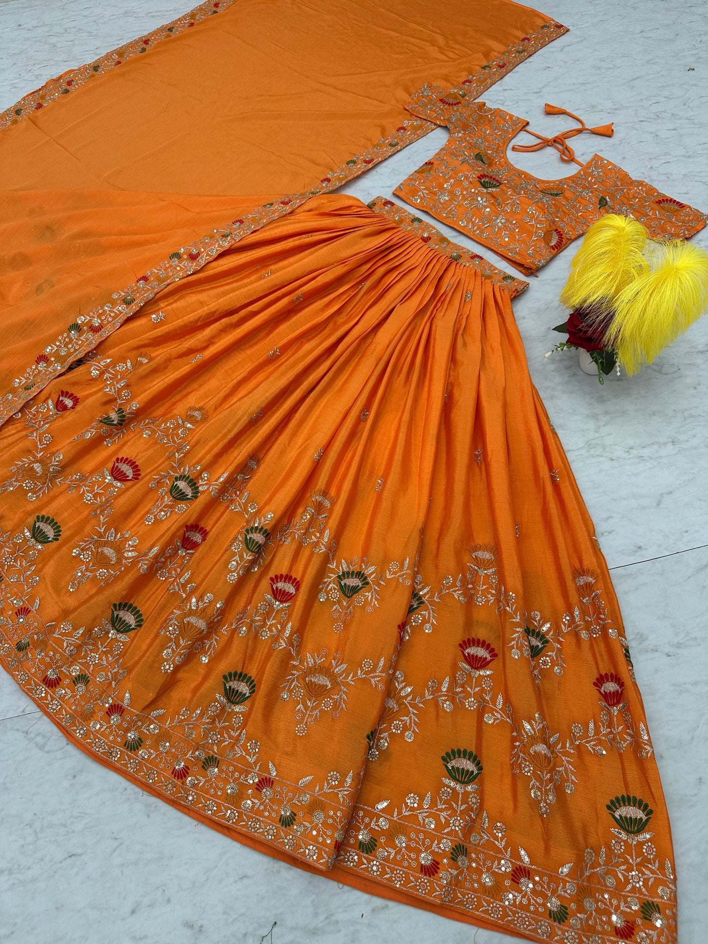 Party Wear Orange Color Chinon And Embroidery Thread With Sequence Work Designer Lehenga Choli