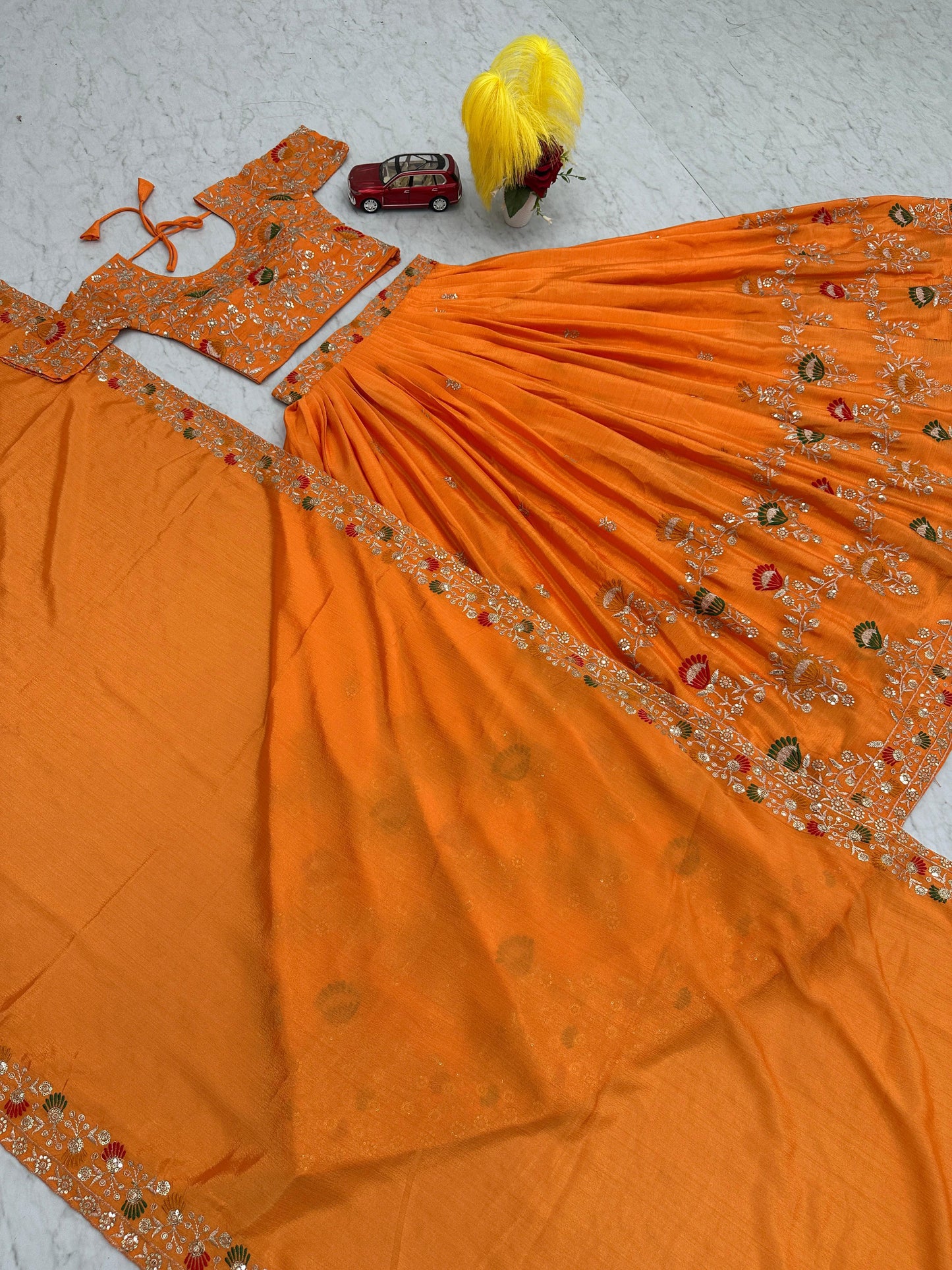 Party Wear Orange Color Chinon And Embroidery Thread With Sequence Work Designer Lehenga Choli