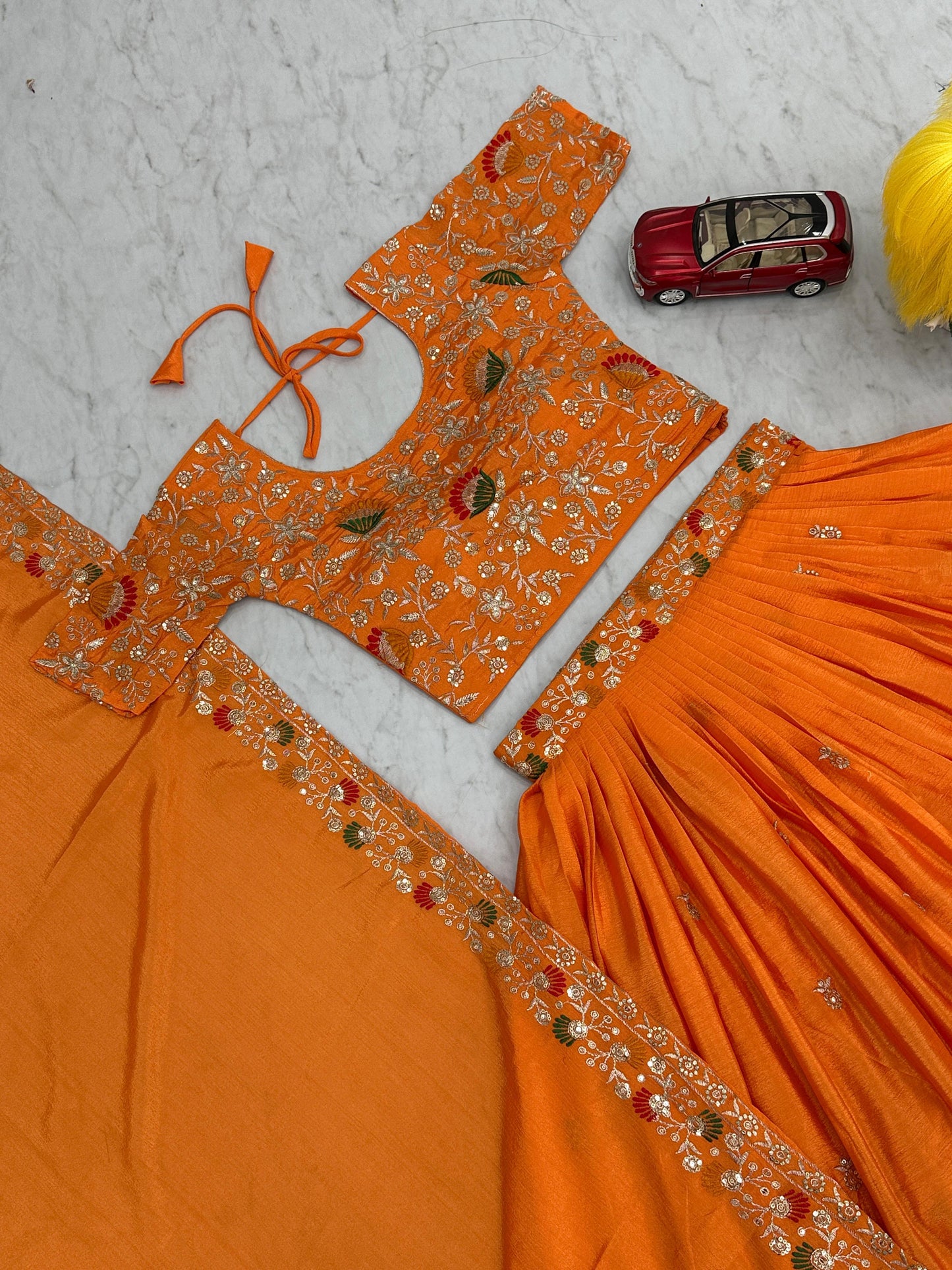 Party Wear Orange Color Chinon And Embroidery Thread With Sequence Work Designer Lehenga Choli