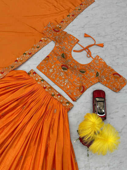 Party Wear Orange Color Chinon And Embroidery Thread With Sequence Work Designer Lehenga Choli