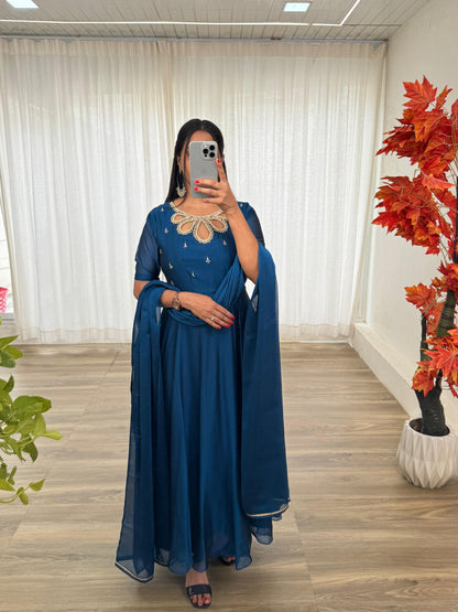Party Wear Blue Color Look Rangoli Georgette Designer Gown