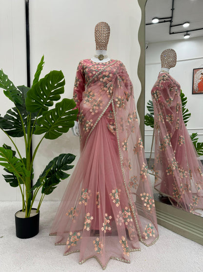 Wedding Wear Baby Pink Color Soft Net With Thread And Sequence Work Saree