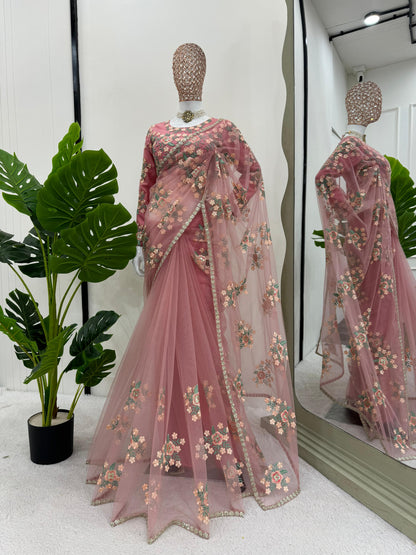 Wedding Wear Baby Pink Color Soft Net With Thread And Sequence Work Saree