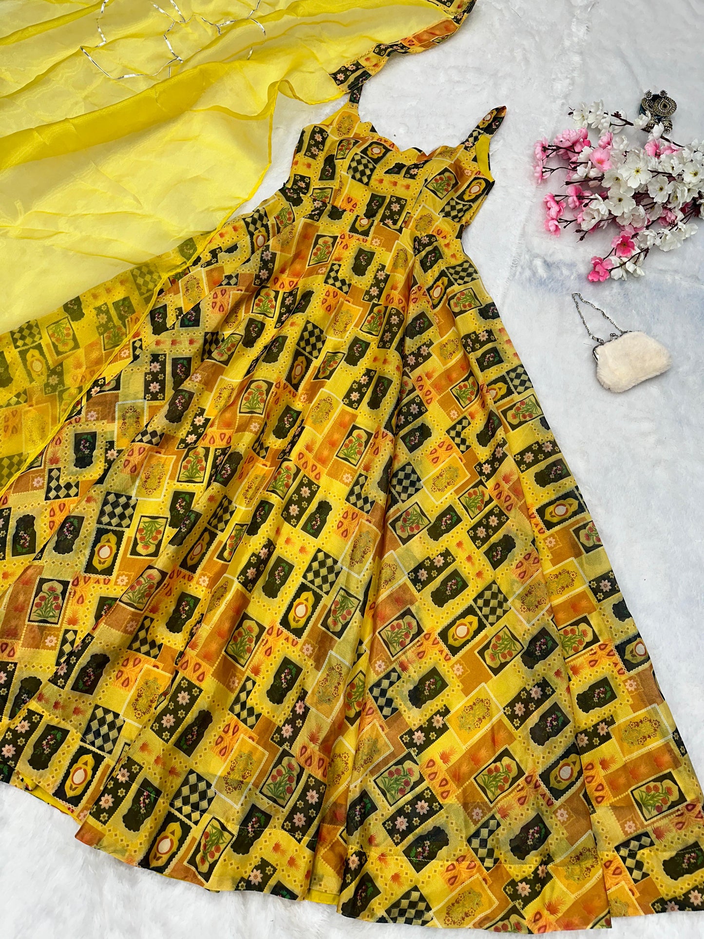 Haldi Wear Yellow Color Pure Jimmy Organza Silk Digital Printed Padded Designer Gown
