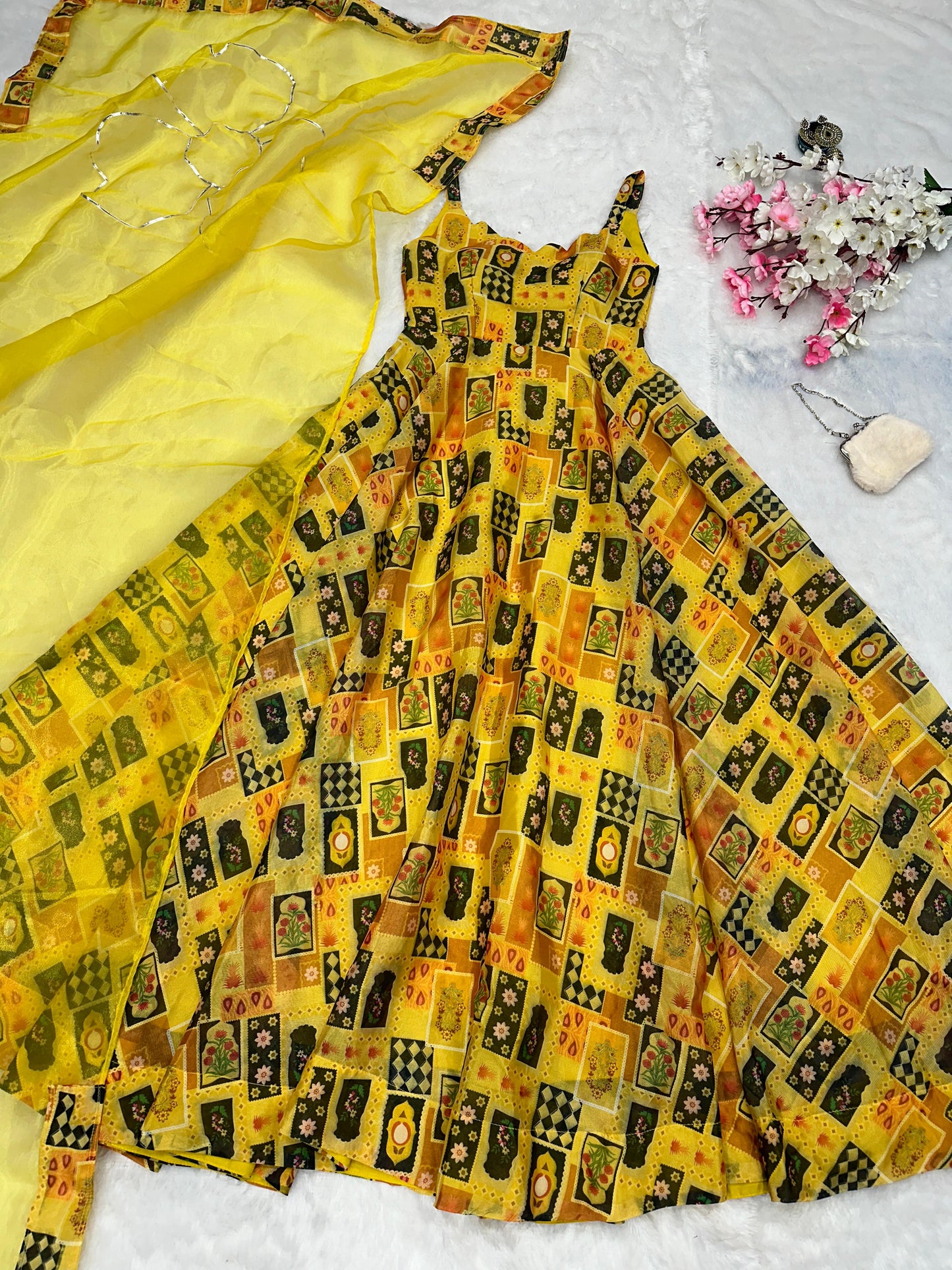 Haldi Wear Yellow Color Pure Jimmy Organza Silk Digital Printed Padded Designer Gown