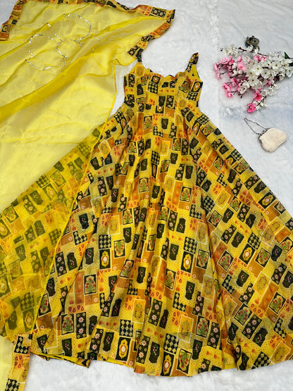 Haldi Wear Yellow Color Pure Jimmy Organza Silk Digital Printed Padded Designer Gown